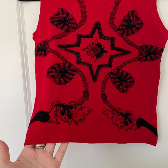 Vintage Elizabeth New York Red Beaded Sweater, Petite Small, Black Bead Applique - Picture 4 of 6